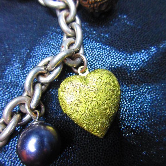 Charm Bracelet With Hearts Pearls Horseshoe Heart Locket Lobster Claw Clasp - Picture 3 of 8